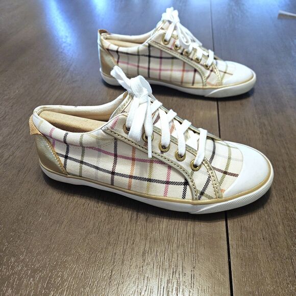 COACH Barrett Plaid Canvas Low Top Sneakers Women's Size 7 Cream Gold - Picture 2 of 11